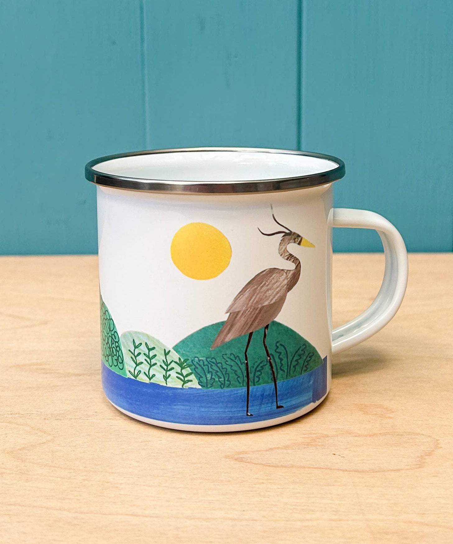 Siobhan Watt hand printed heron enamel camping mug
