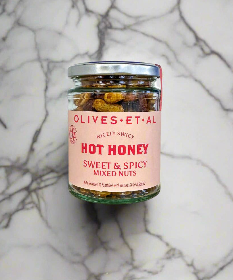 Olives Et Al hot honey mixed kiln roasted nuts, jar of peanuts, almonds and cashews