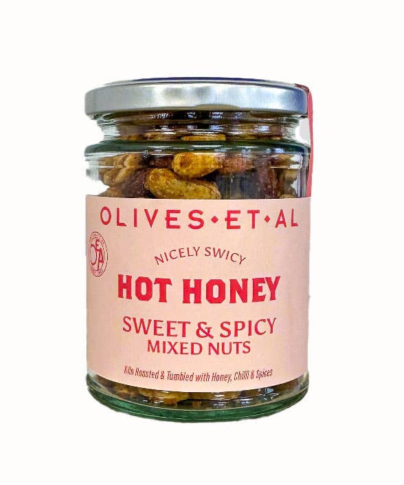Olives Et Al hot honey mixed kiln roasted nuts, jar of peanuts, almonds and cashews