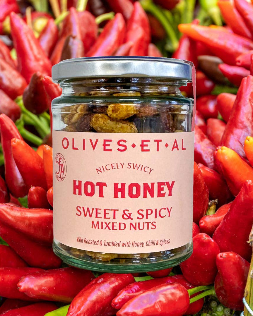 Olives Et Al hot honey mixed kiln roasted nuts, jar of peanuts, almonds and cashews
