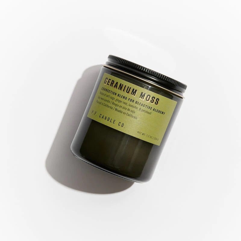 Geranium Moss 7.2 oz Soy Candle, hand-poured into apothecary-inspired amber jars with signature kraft label and a brass lid, by PF Candle Co.