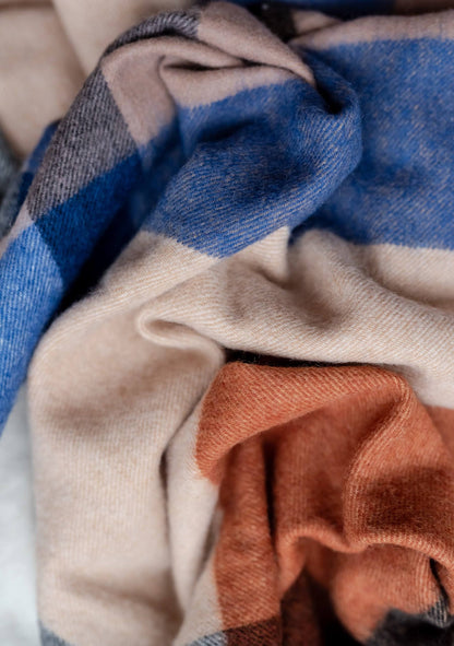 Lambswool Blanket Scarf in Camel Modern Check