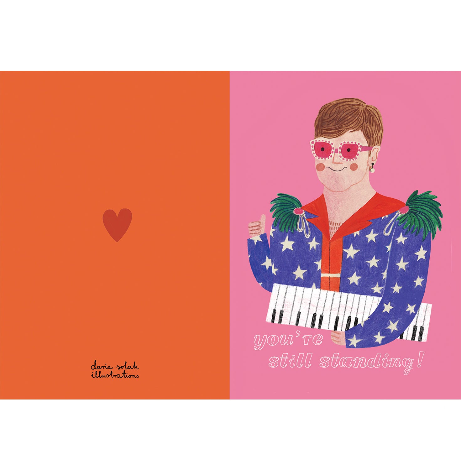 Illustration of a person with a keyboard and text 'you're still standing!' on a pink background with an orange heart.