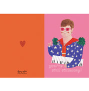 Illustration of a person with a keyboard and text 'you're still standing!' on a pink background with an orange heart.