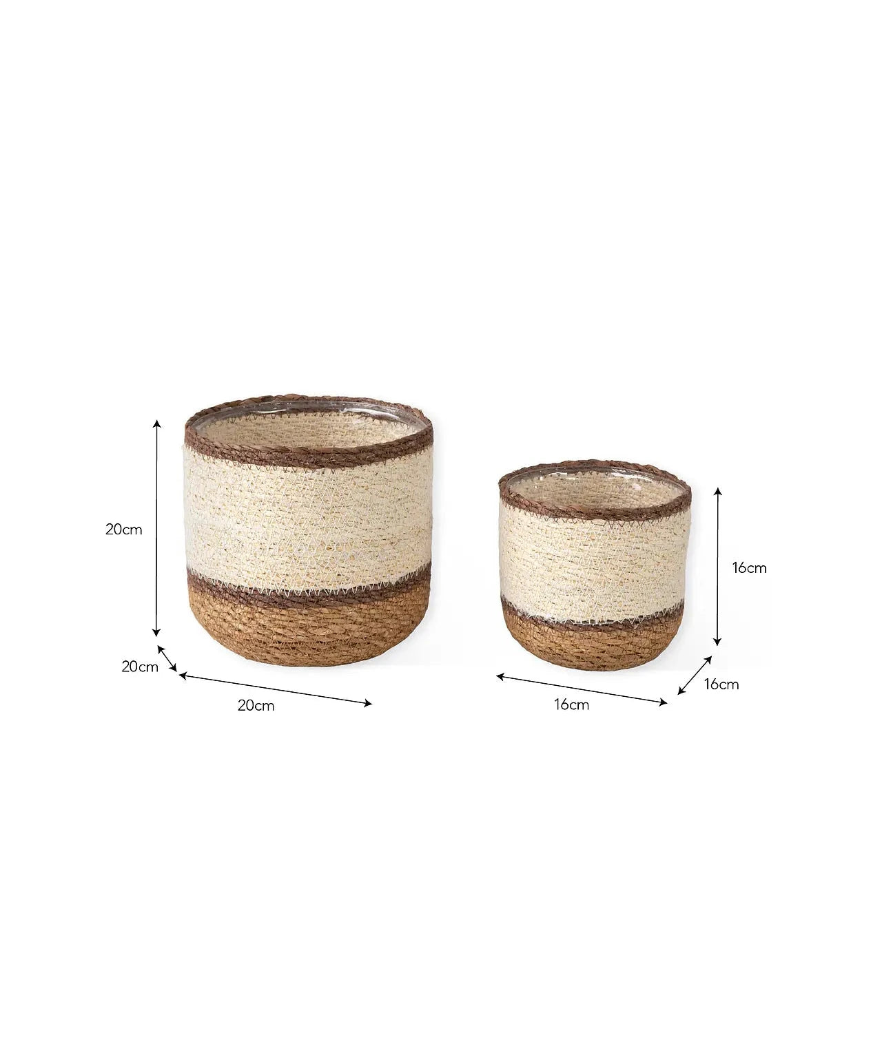 Two woven planters with dimensions on a white background