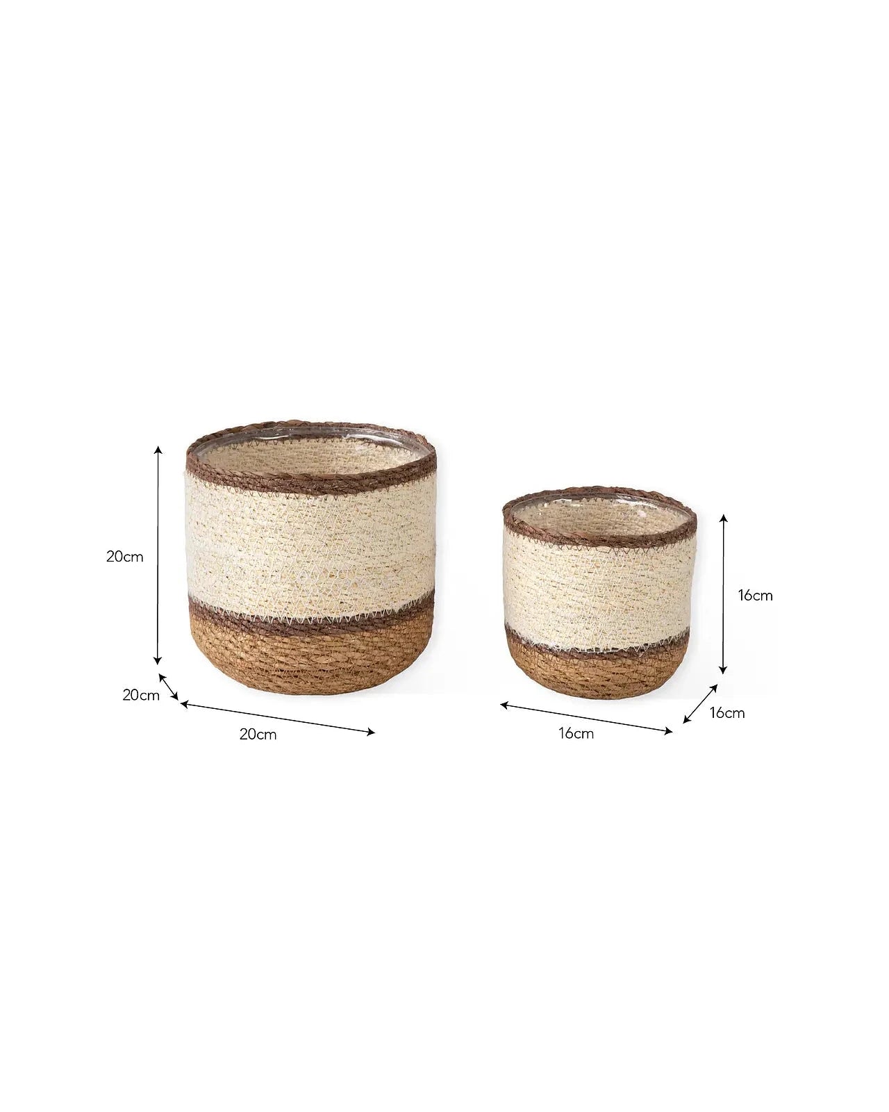 Two woven planters with dimensions on a white background