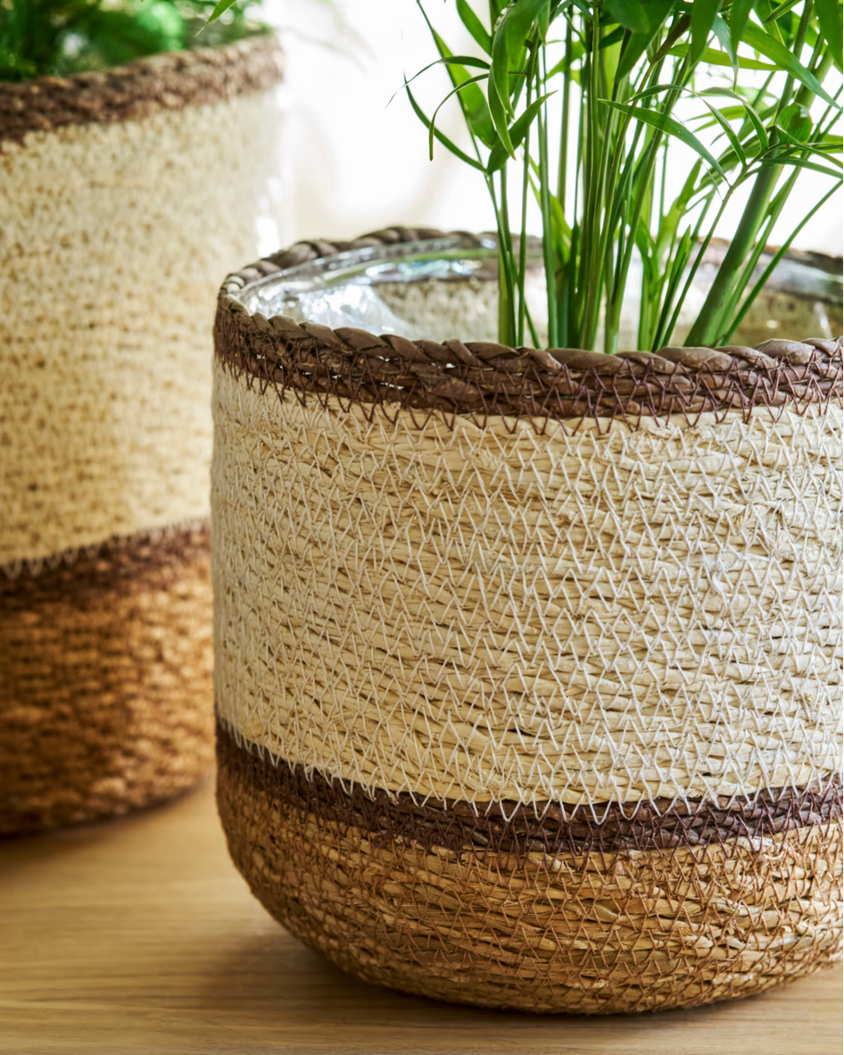 Two woven planters with plants on a wooden surface