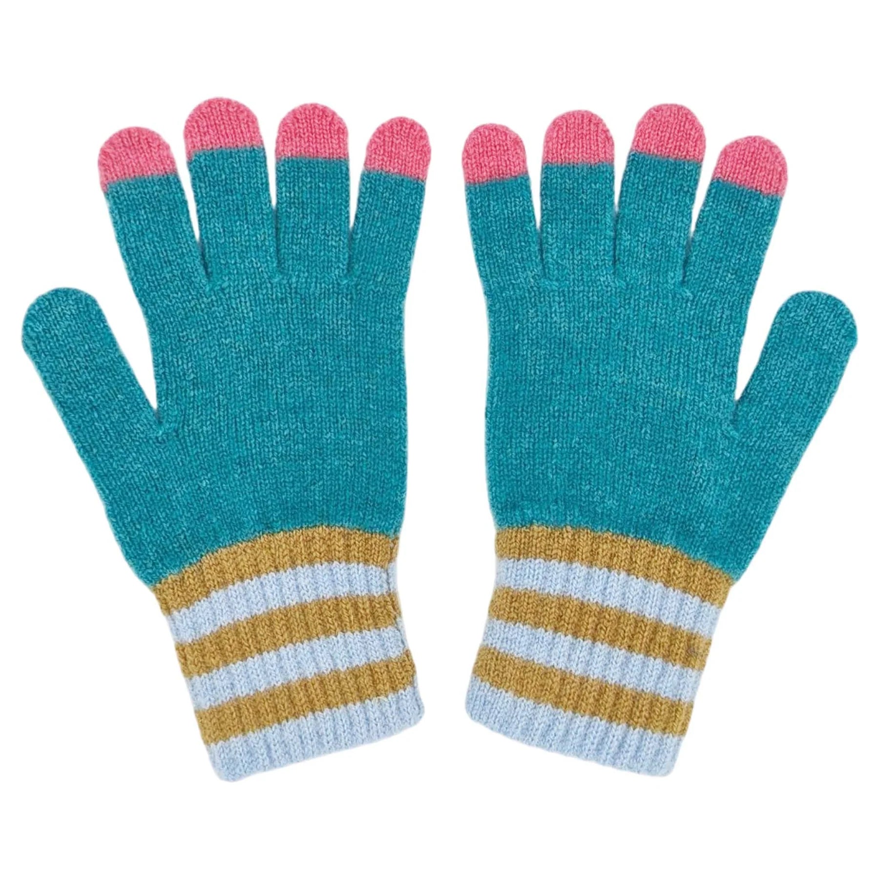 A pair of knit touchscreen-compatible gloves in teal, featuring pink fingertips, a mustard yellow and white striped cuff, and a white background.