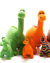 Best Years knitted diplodocus dinosaur soft toys in a family of colours and sizes