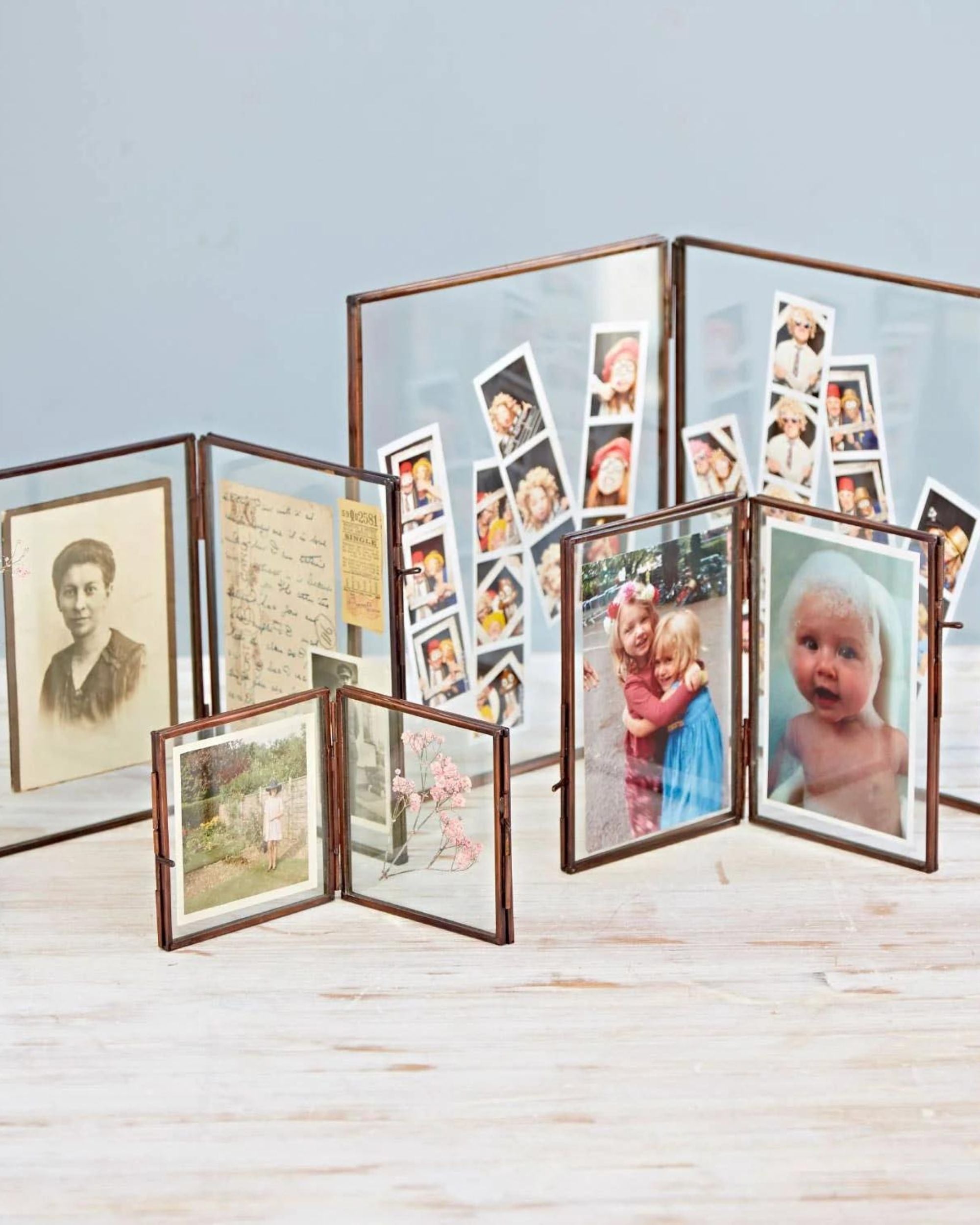 Antique Brass Glass Double Photo Frame - Handmade