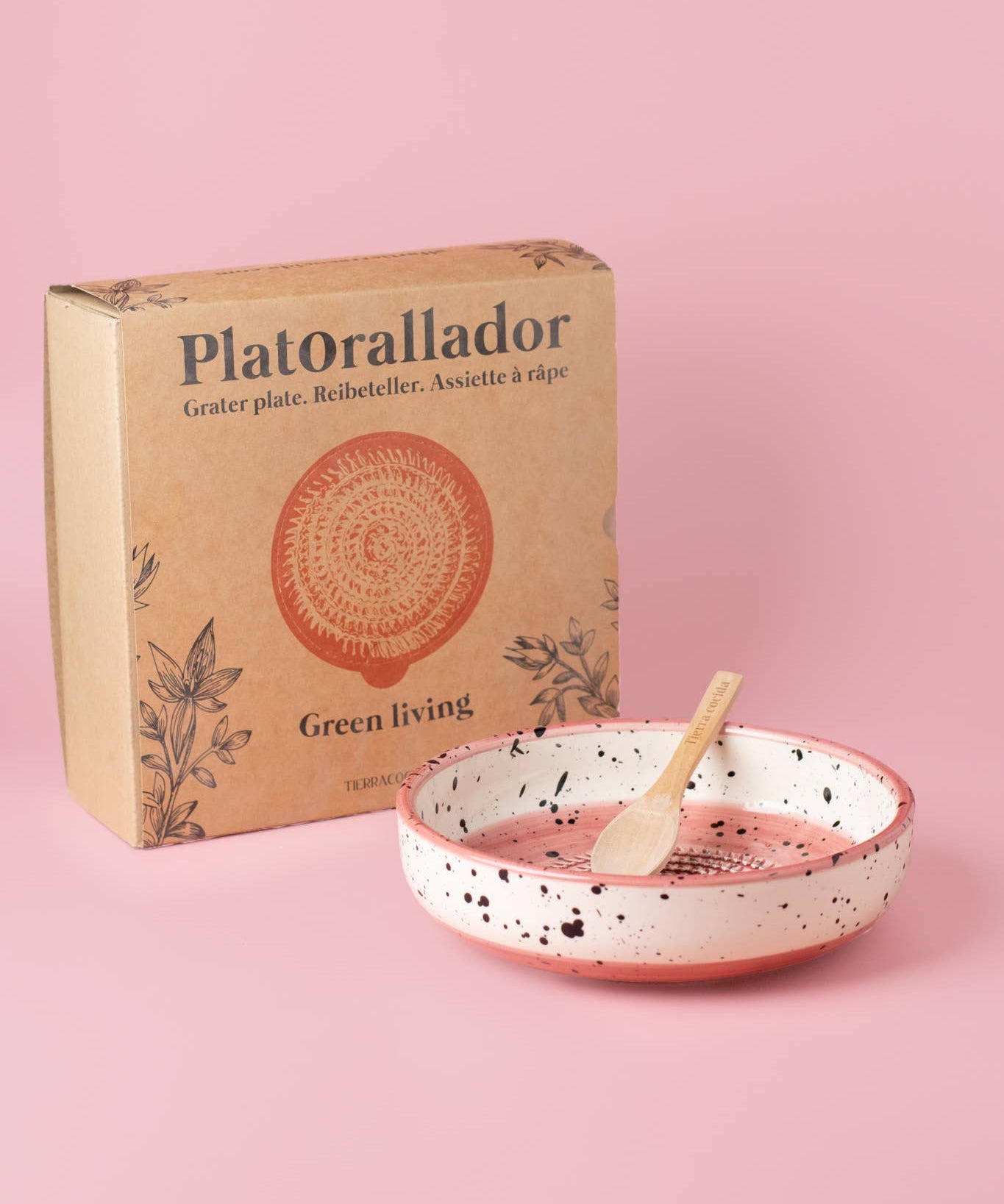 Tierra Cocida ceramic grater plate and wooden spoon, Coral design, large