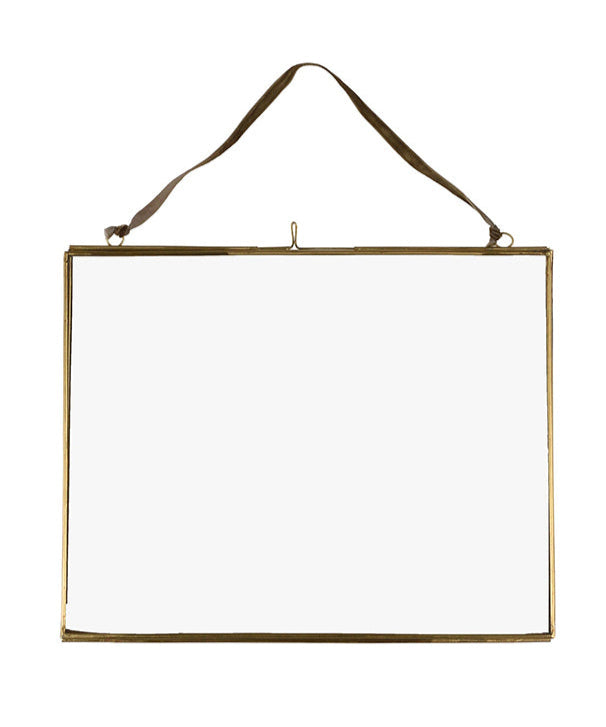 Gold rectangular picture frame with a leather strap on a white background