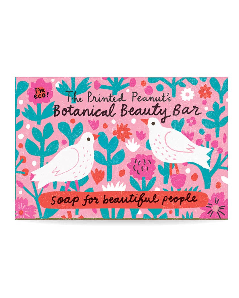 The Printed Peanut Botanical Beauty lavender and rose geranium handmade soap bar in illustrated box