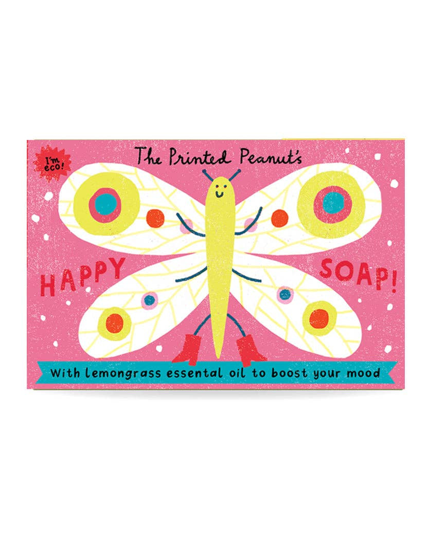 The Printed Peanut Happy Soap lemongrass handmade soap bar in illustrated box