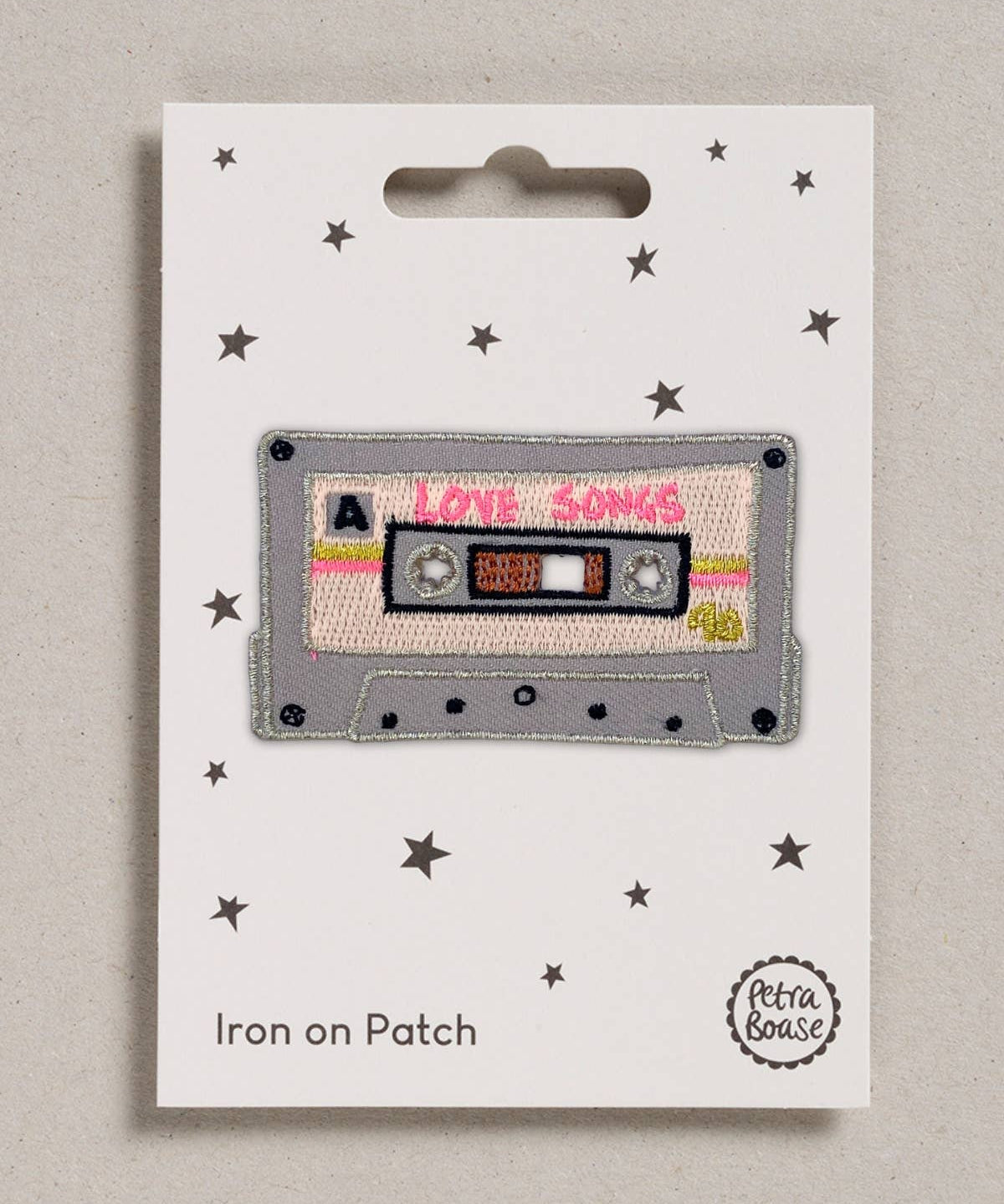 Petra Boase Love Songs cassette tape iron-on embroidered patch on neutral background