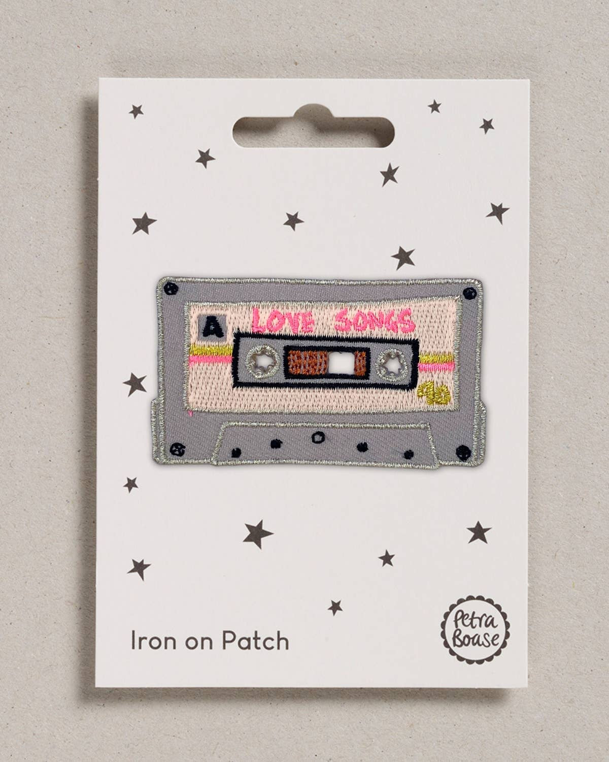 Petra Boase Love Songs cassette tape iron-on embroidered patch on neutral background