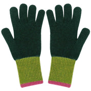 A pair of knit gloves with dark green palms and backs, lime green ribbed cuffs, and a thin pink stripe at the very bottom, shown on a plain white background.