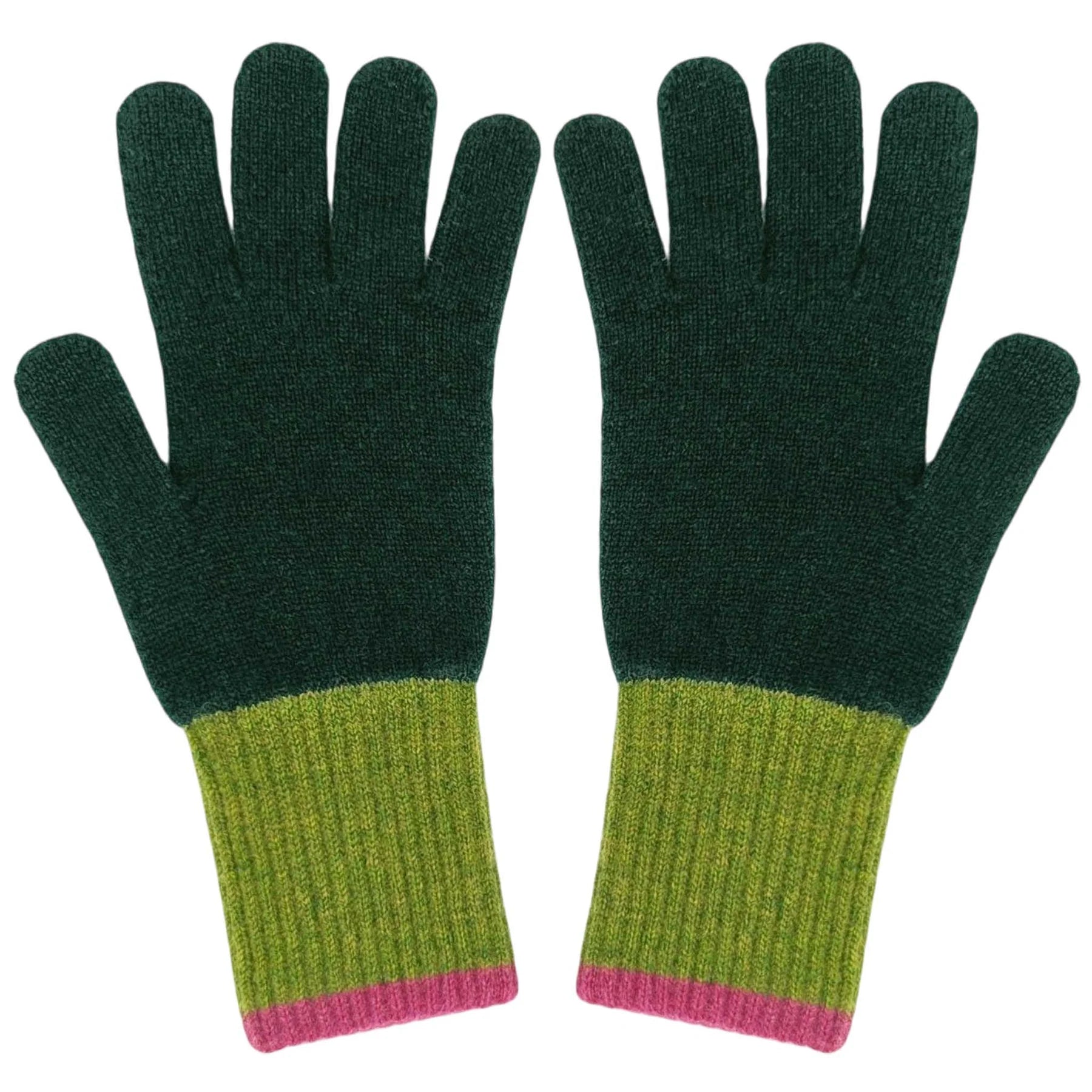 A pair of knit gloves with dark green palms and backs, lime green ribbed cuffs, and a thin pink stripe at the very bottom, shown on a plain white background.