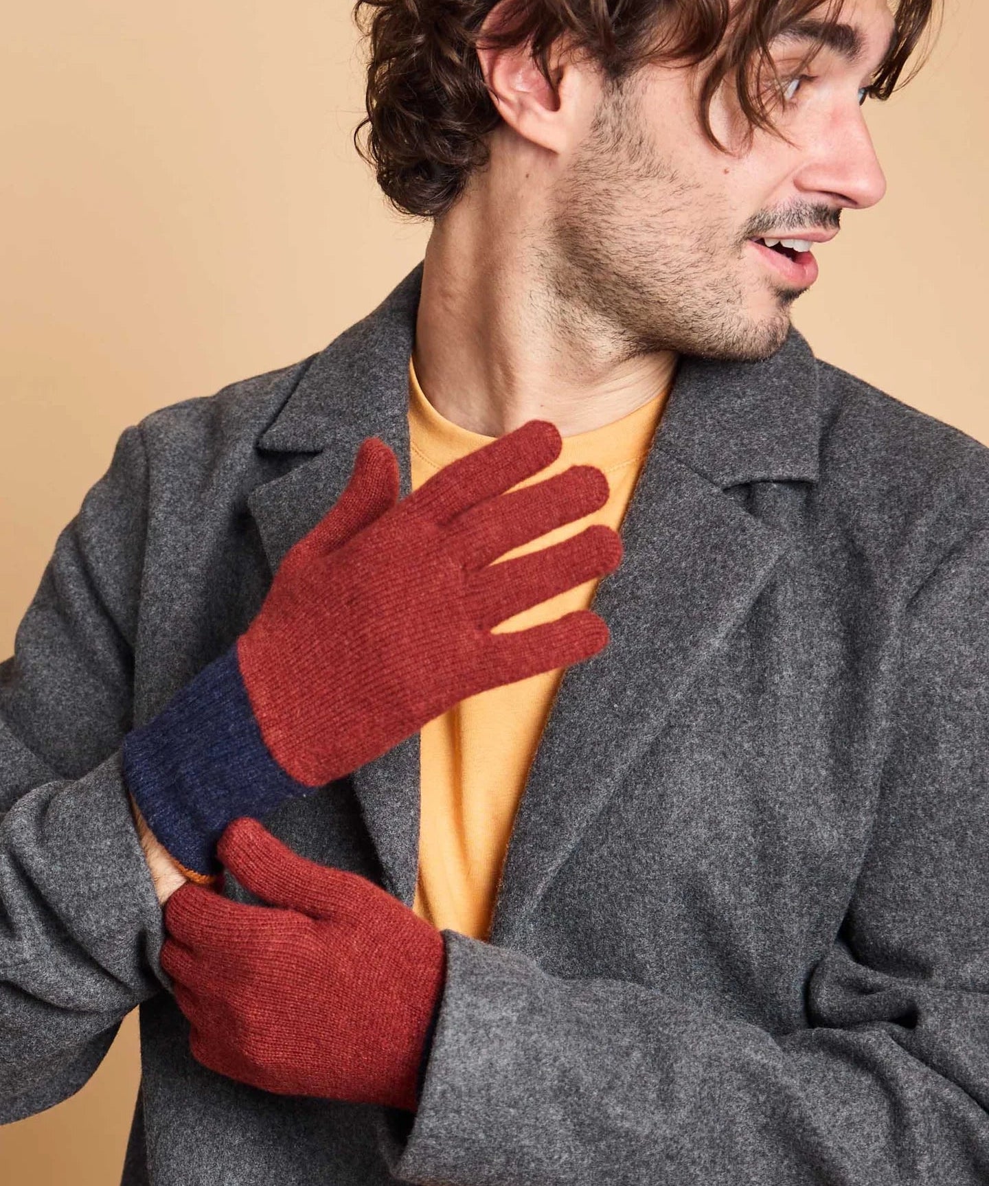 Catherine Tough charcoal, brown and yellow colour block men's lambswool gloves
