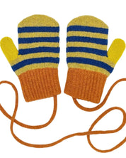 Catherine Tough blue and green stripe kids lambswool mittens on a stringstring