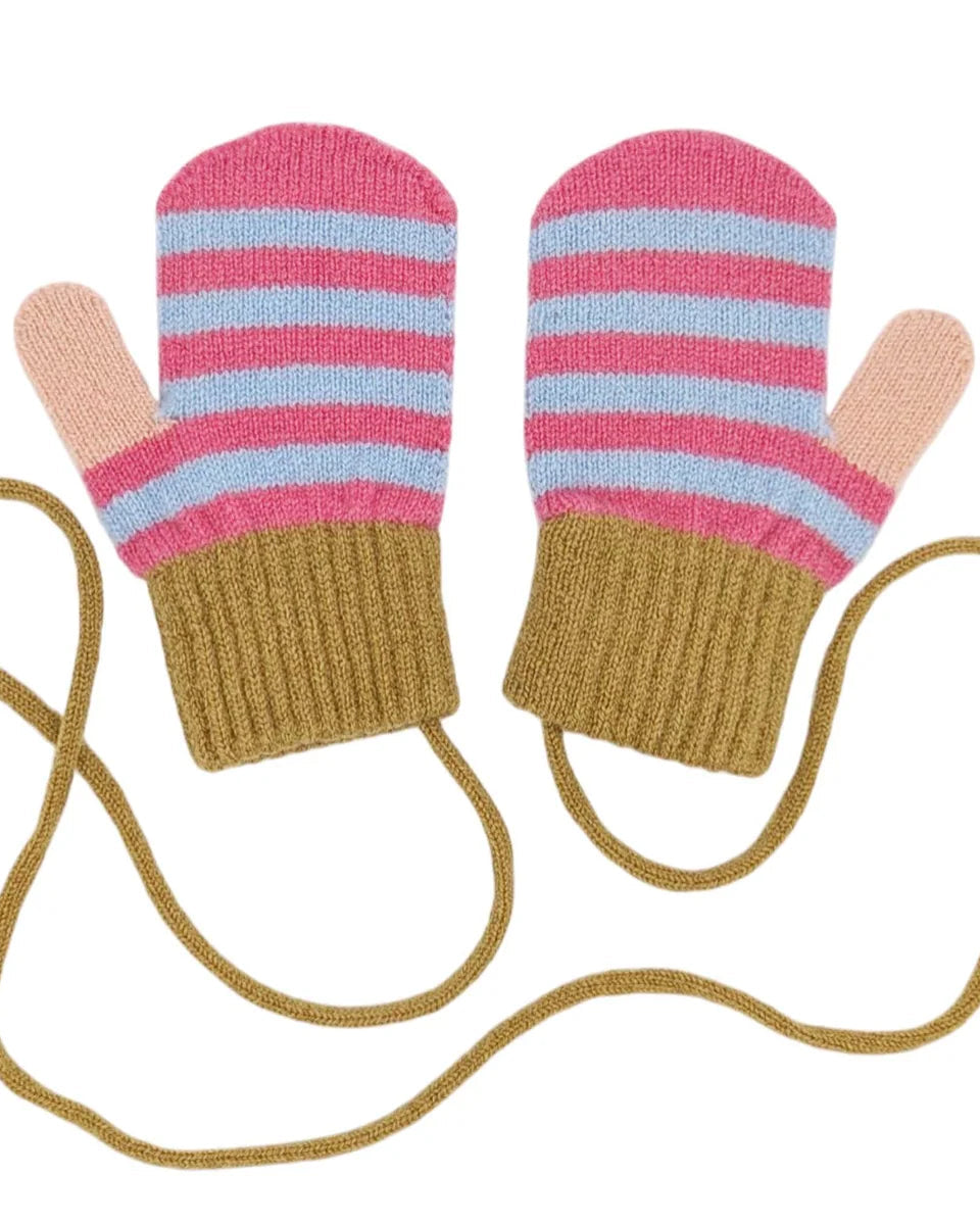 Catherine Tough pink and light blue stripe kids lambswool mittens on a string