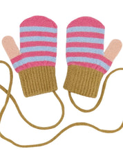 Catherine Tough pink and light blue stripe kids lambswool mittens on a string