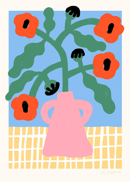 Red Poppies in Pink Vase Print