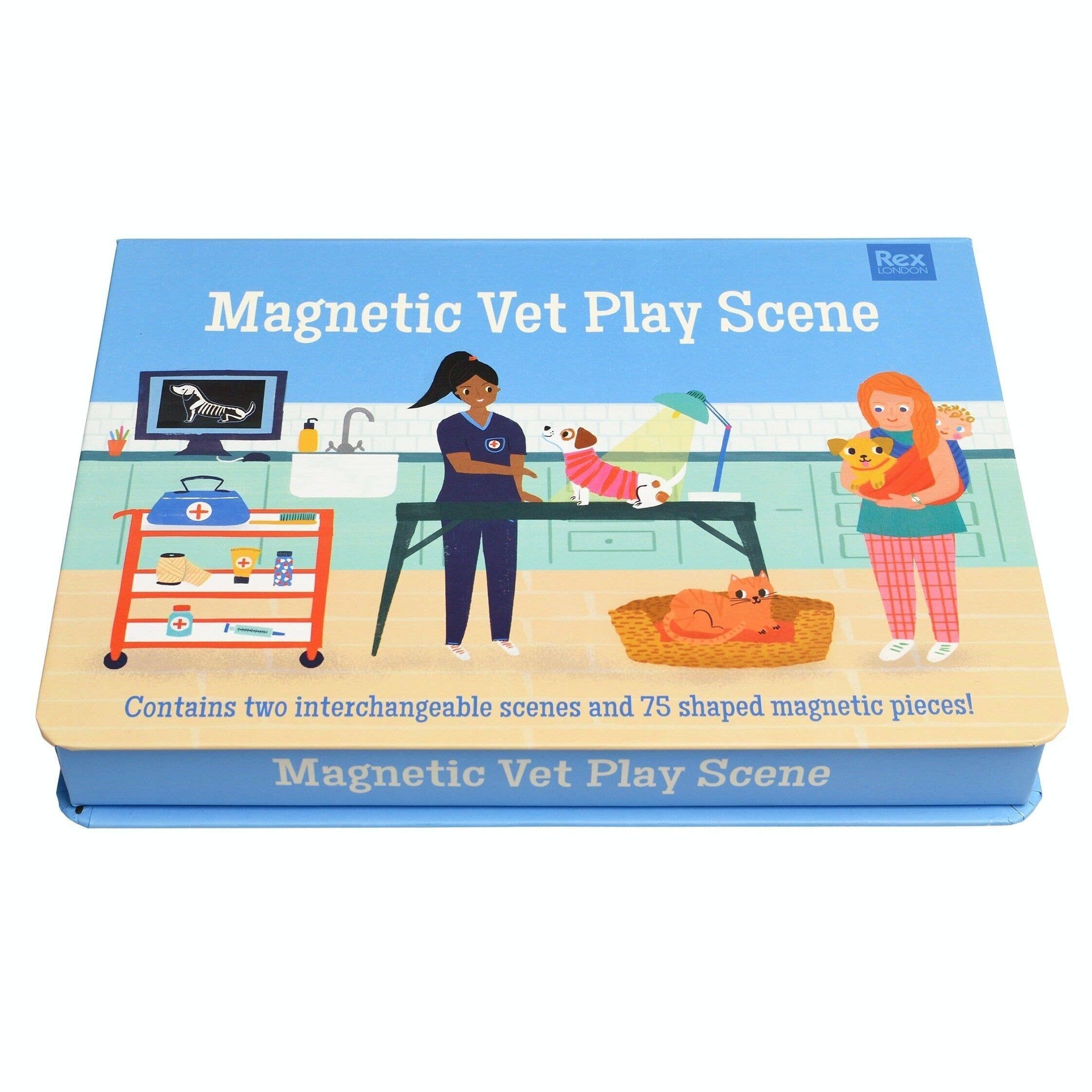 Magnetic Vet Play Scene packaging with illustrations of a vet and a child with a dog.