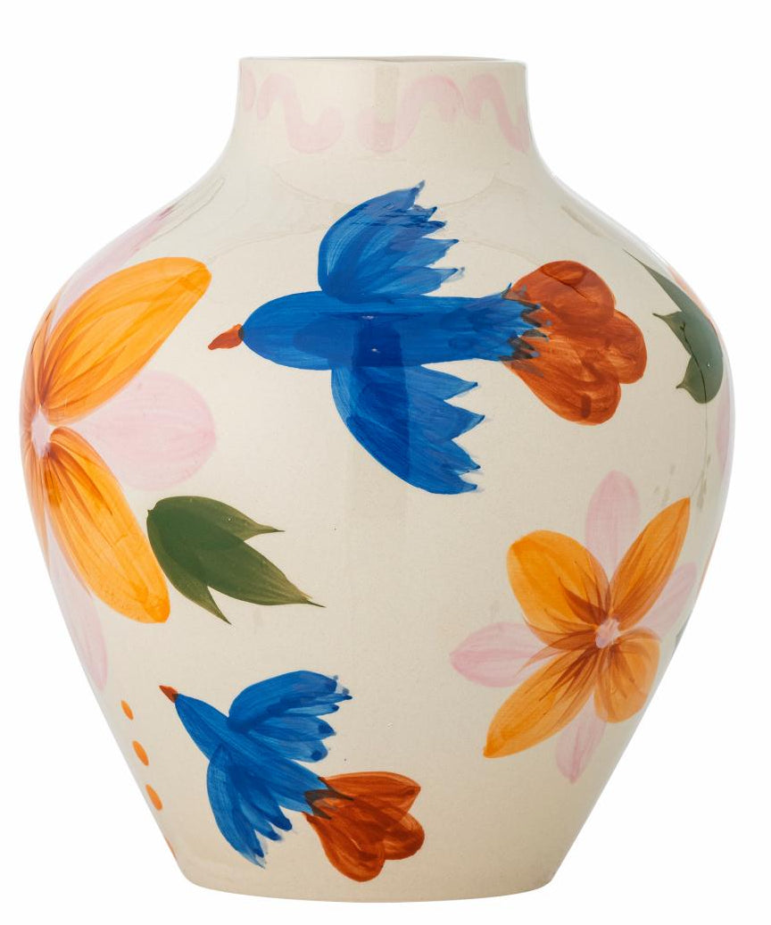 Bloomingville Maricala vase, stoneware with hand painted blue birds and florals