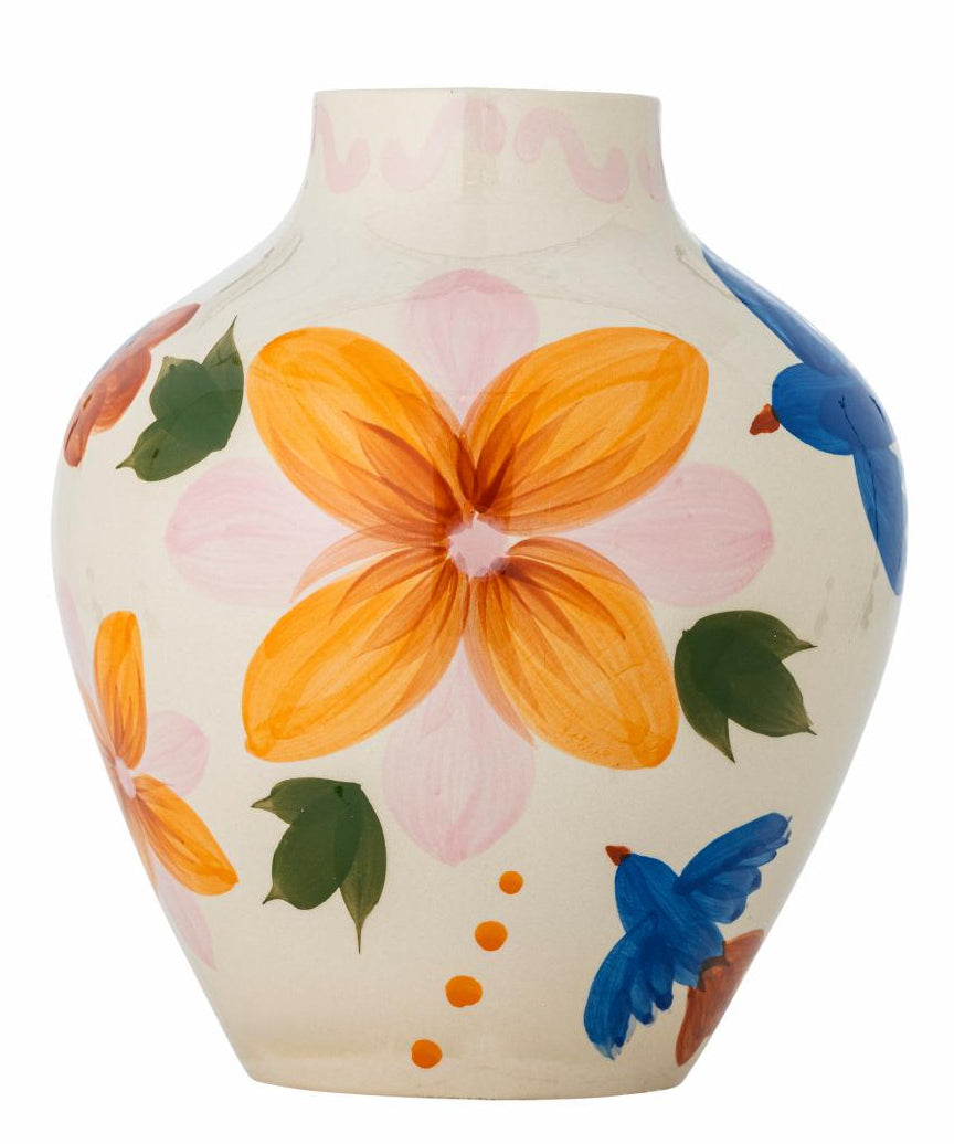 Bloomingville Maricala vase, stoneware with hand painted blue birds and florals