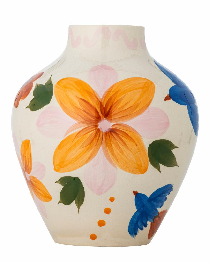 Bloomingville Maricala vase, stoneware with hand painted blue birds and florals