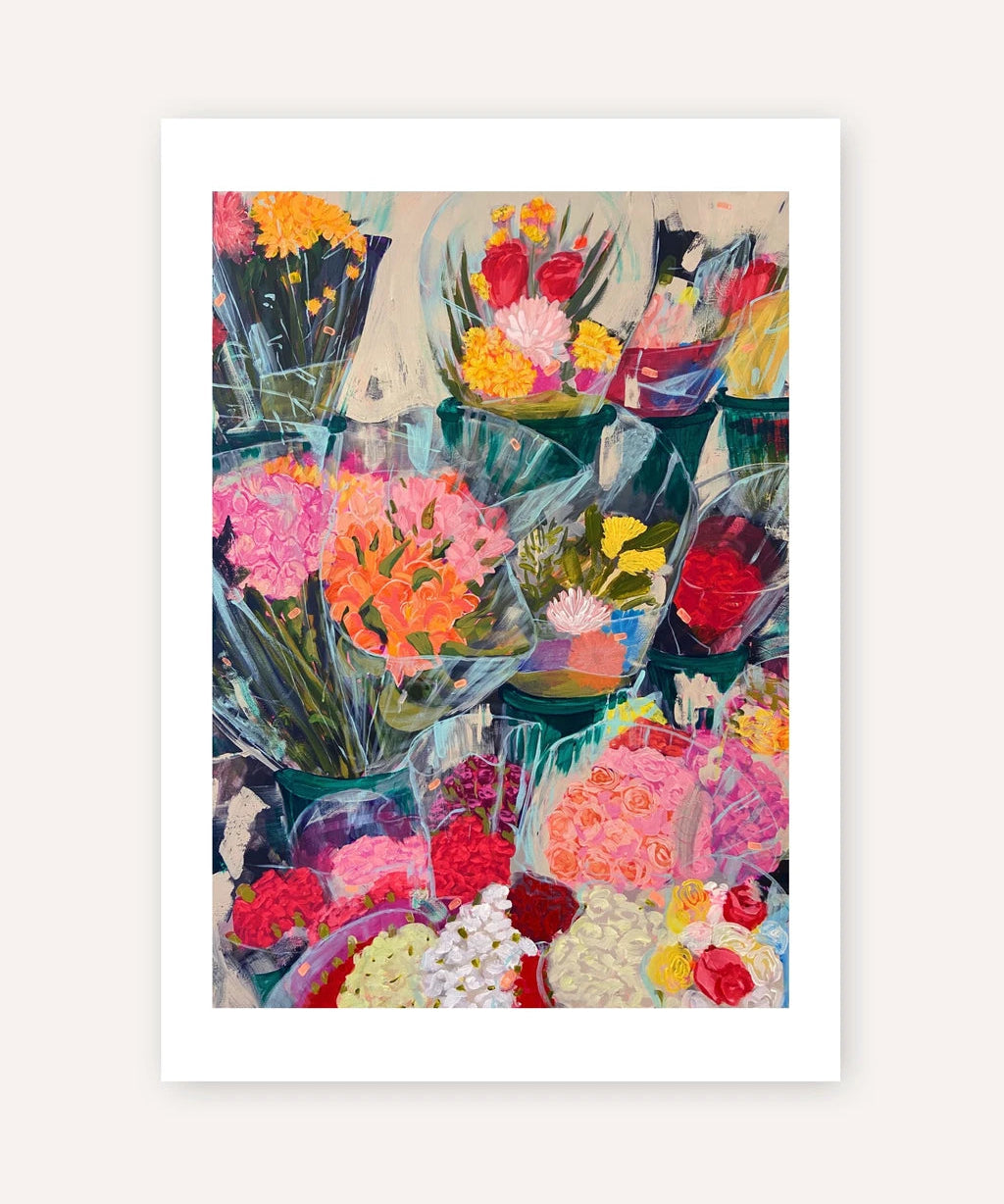 A vertical art print featuring an expressive, colorful painting of various flower bouquets wrapped in clear plastic, displayed on a clean off-white background.