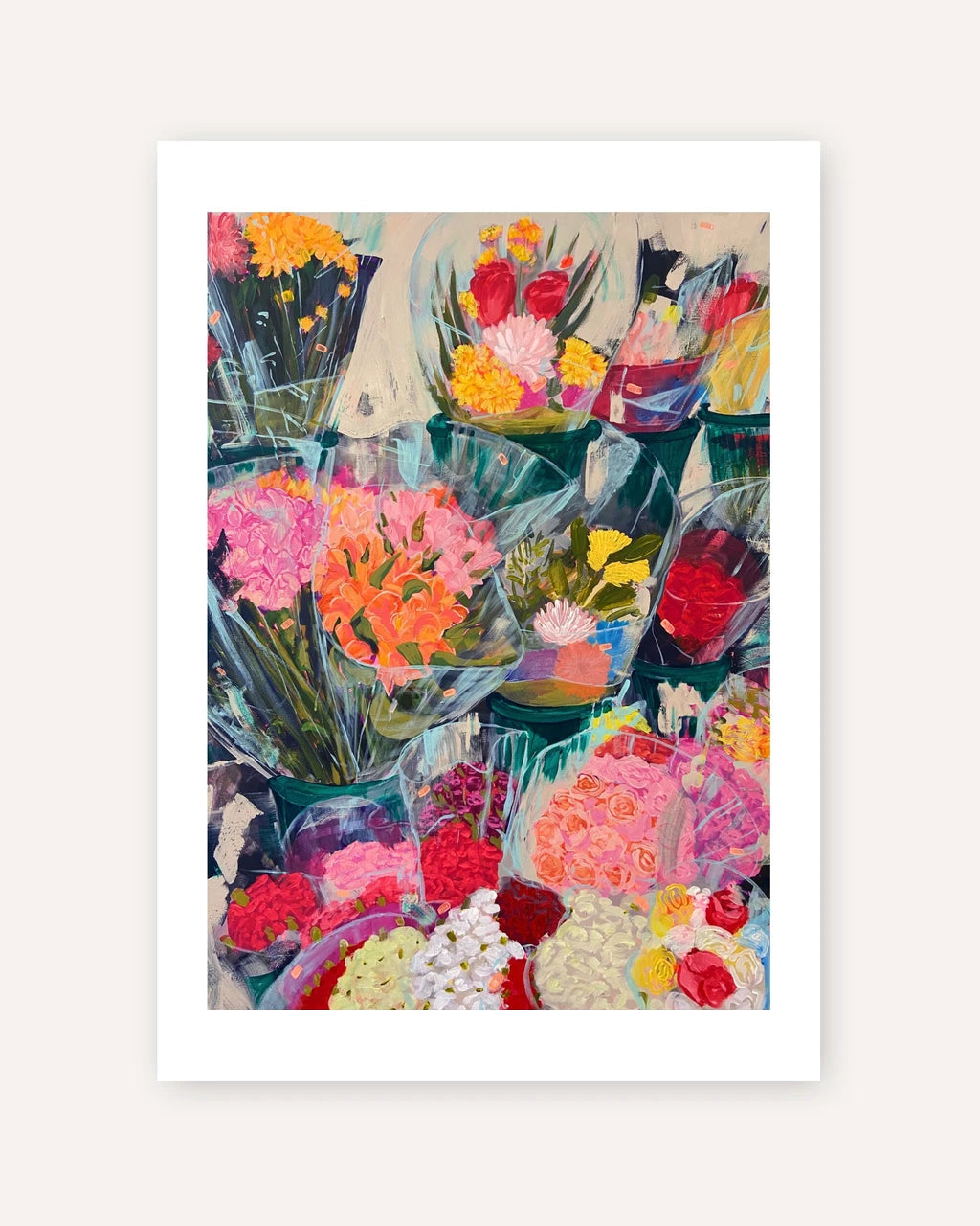 A vertical art print featuring an expressive, colorful painting of various flower bouquets wrapped in clear plastic, displayed on a clean off-white background.