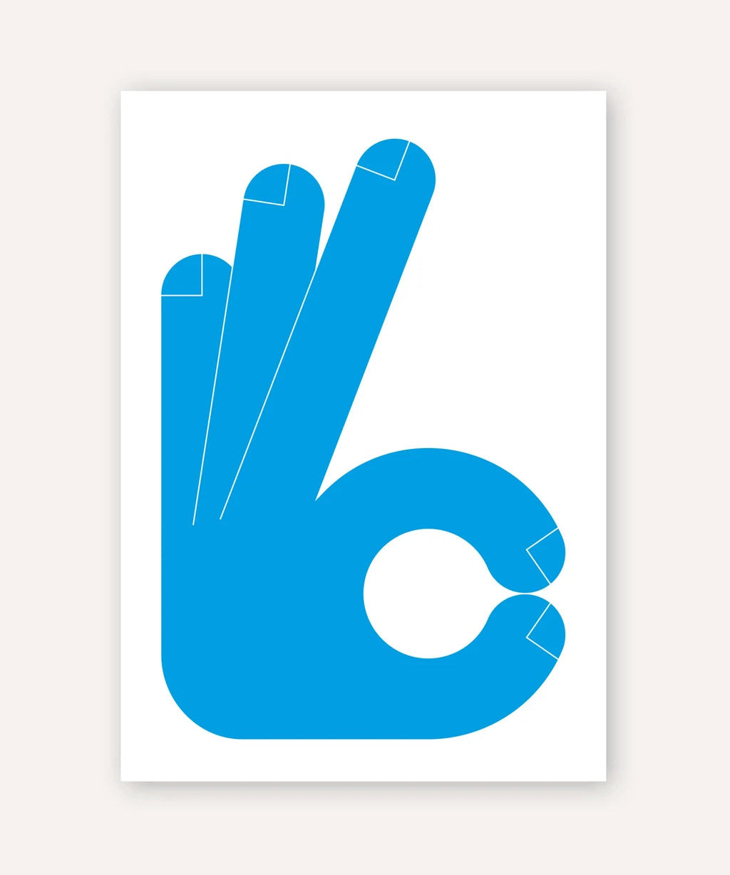 A minimalist art print featuring a bright blue graphic of a hand making an 'OK' sign, set against a white rectangular poster on a light beige background.