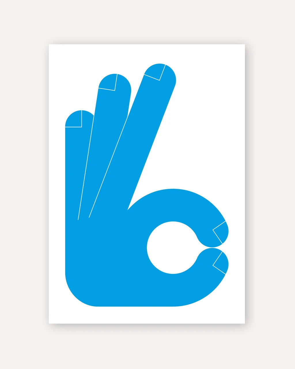 A minimalist art print featuring a bright blue graphic of a hand making an 'OK' sign, set against a white rectangular poster on a light beige background.