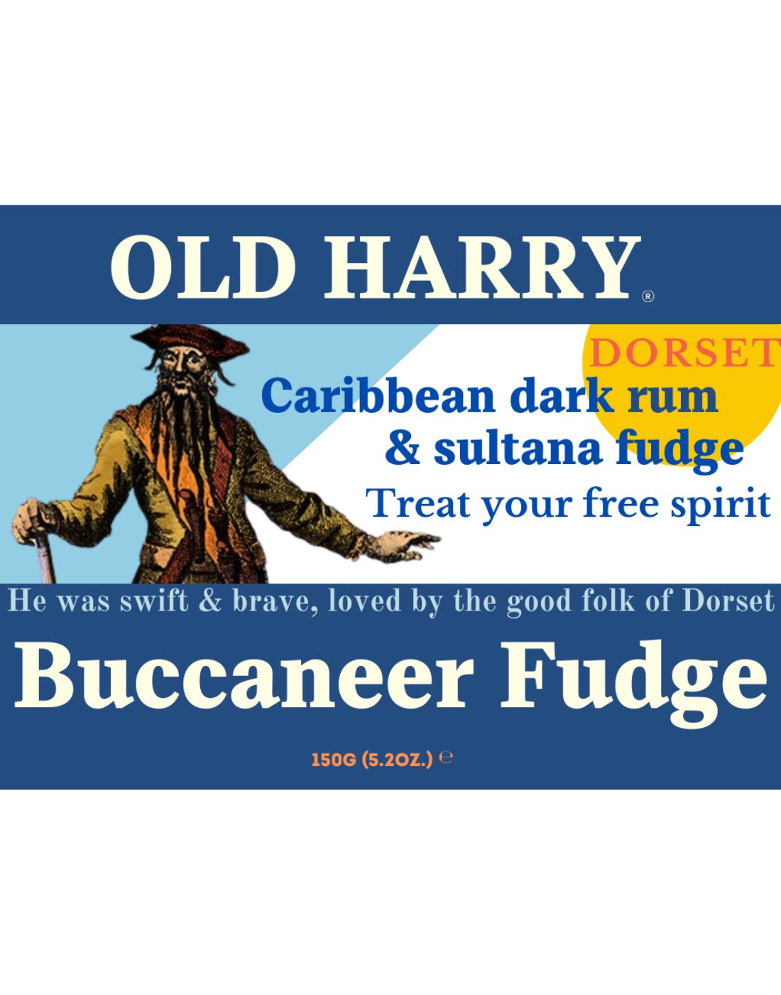 Old Harry Buccaneer Fudge packaging with a pirate illustration on a blue background