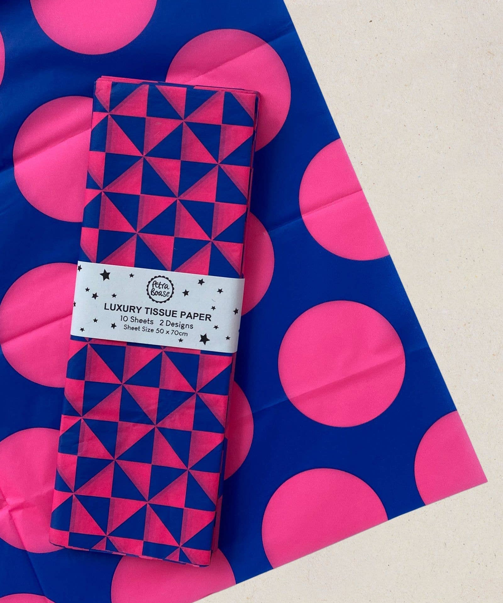 Petra Boase pink and cobalt patterned tissue paper gift wrap