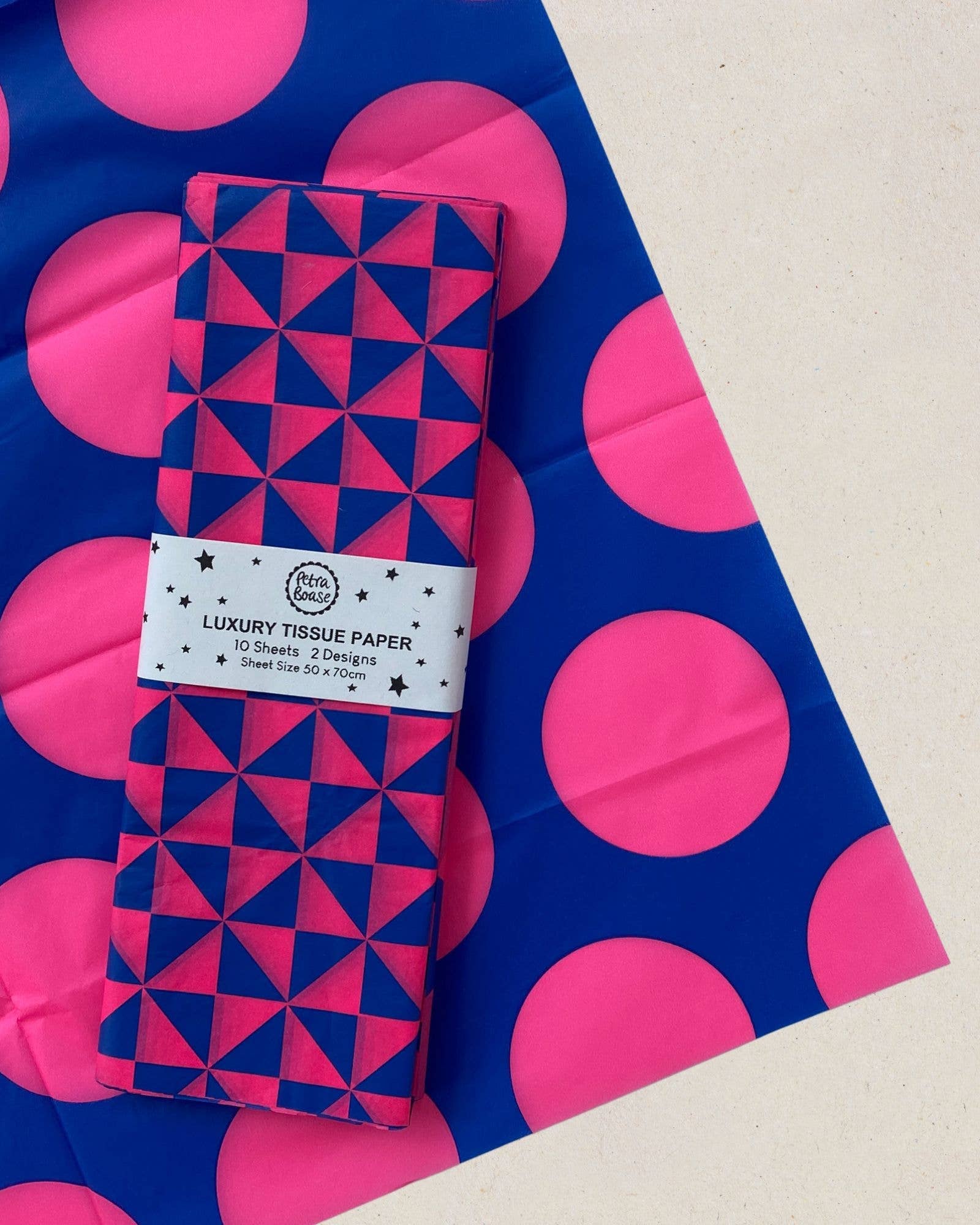 Petra Boase pink and cobalt patterned tissue paper gift wrap