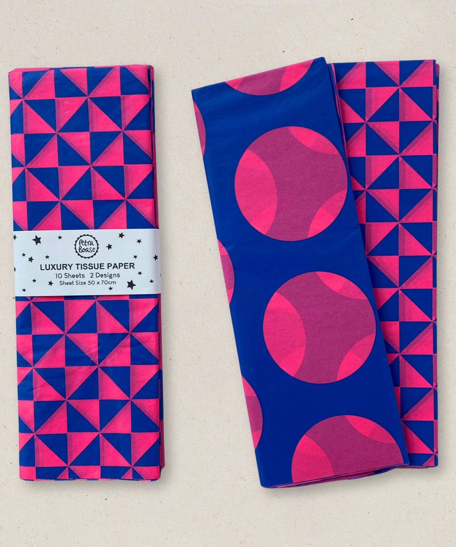 Petra Boase pink and cobalt patterned tissue paper gift wrap
