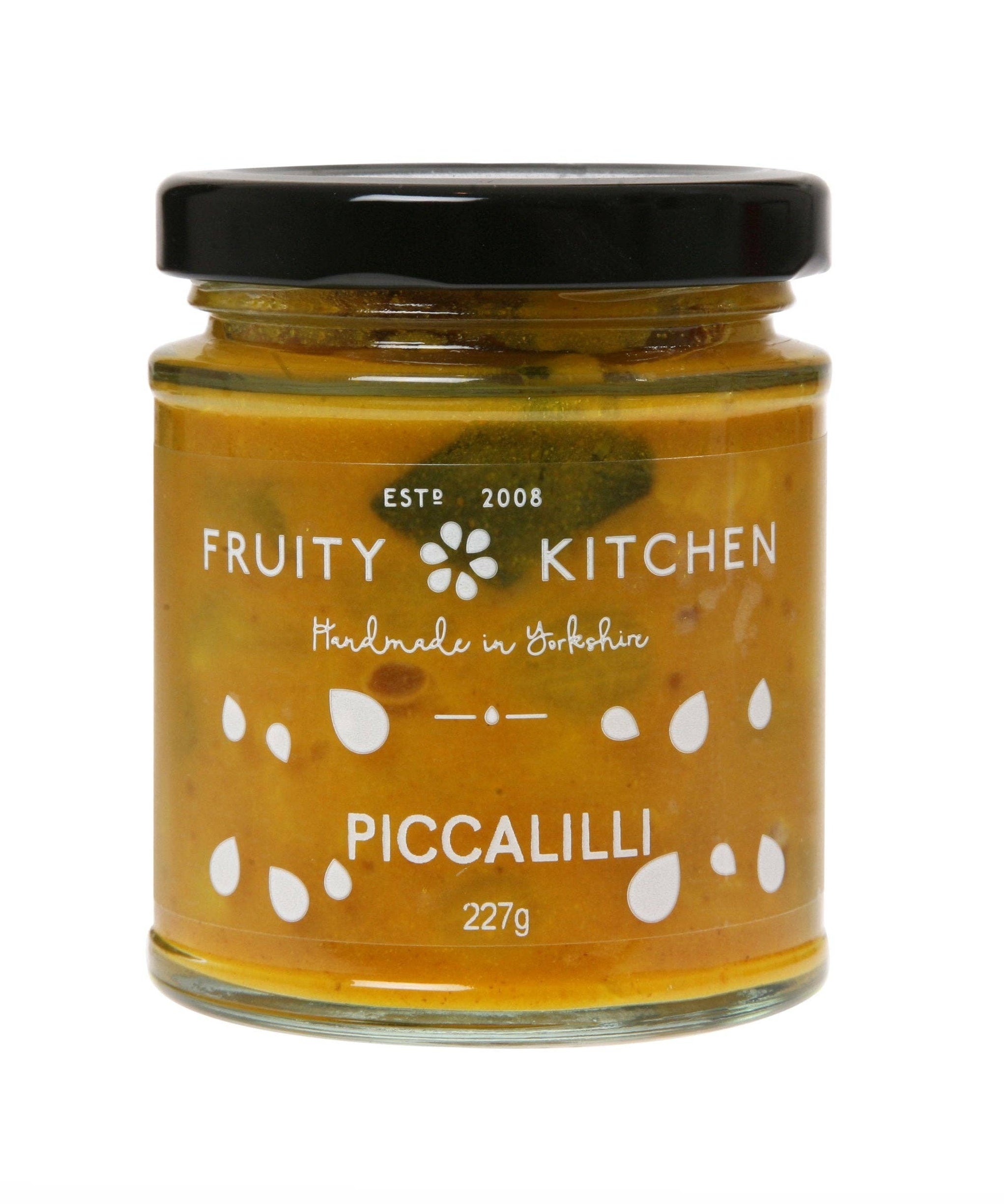 The Fruity Kitchen piccalilli, jar of cauliflower and vegetables in mustard sauce