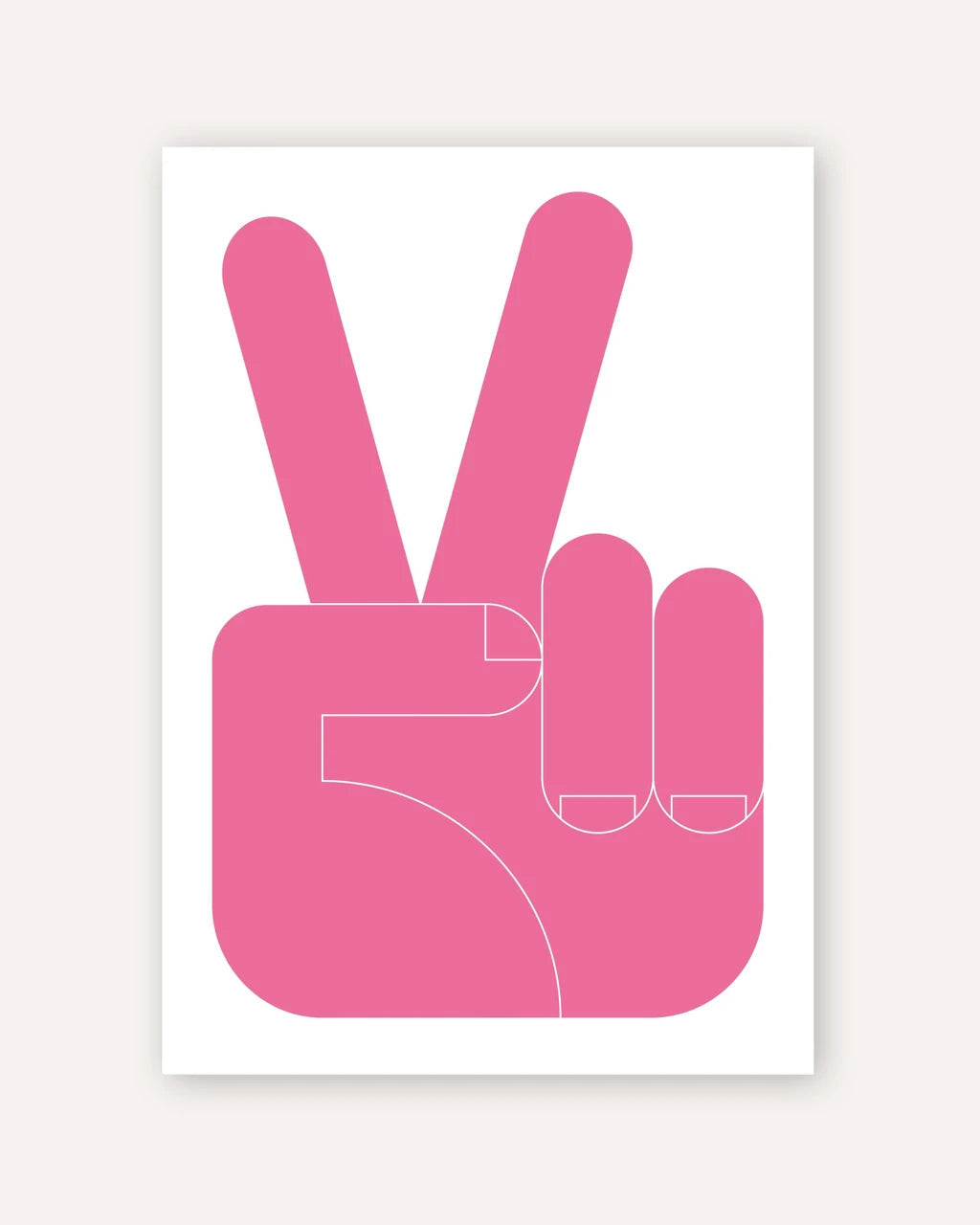 A minimalist art print featuring a pink hand making a peace sign on a white rectangular poster, centered against a light beige background.