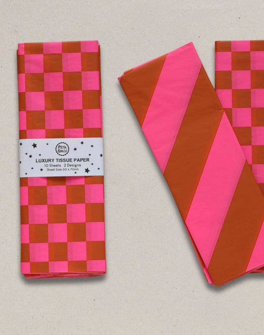 Luxury Tissue Paper | Chequerboard Diagonal Ginger & Fluorescent Pink