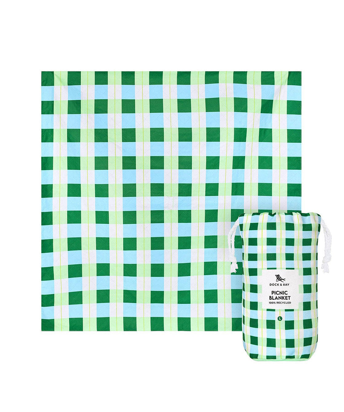 A green, light blue, and white gingham picnic blanket shown flat, with its matching drawstring storage pouch on the right. 