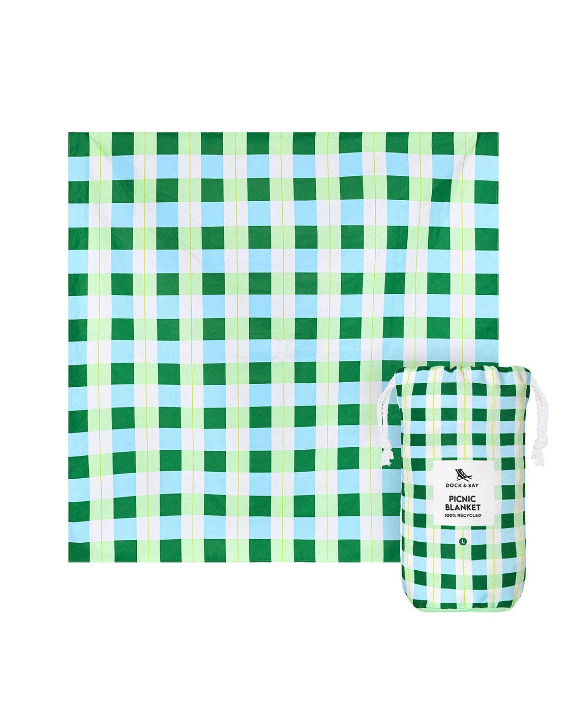 A green, light blue, and white gingham picnic blanket shown flat, with its matching drawstring storage pouch on the right. 