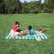 Dock & Bay picnic blanket, Apple Tart print, folded with carry pouch