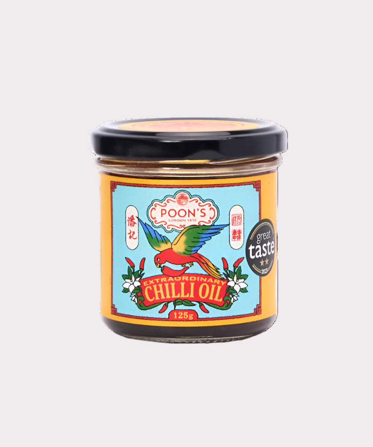 Jar of Poon's Chilli Oil with colorful label on a white background