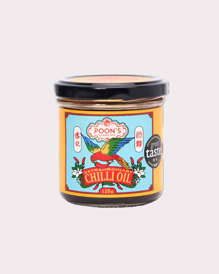 Jar of Poon's Chilli Oil with colorful label on a white background
