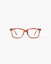 Red and brown striped eyeglasses on a white background
