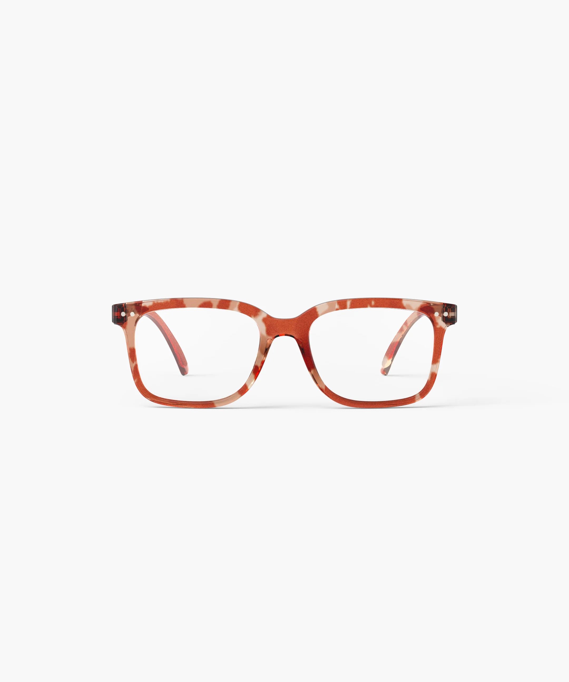 Red and brown striped eyeglasses on a white background