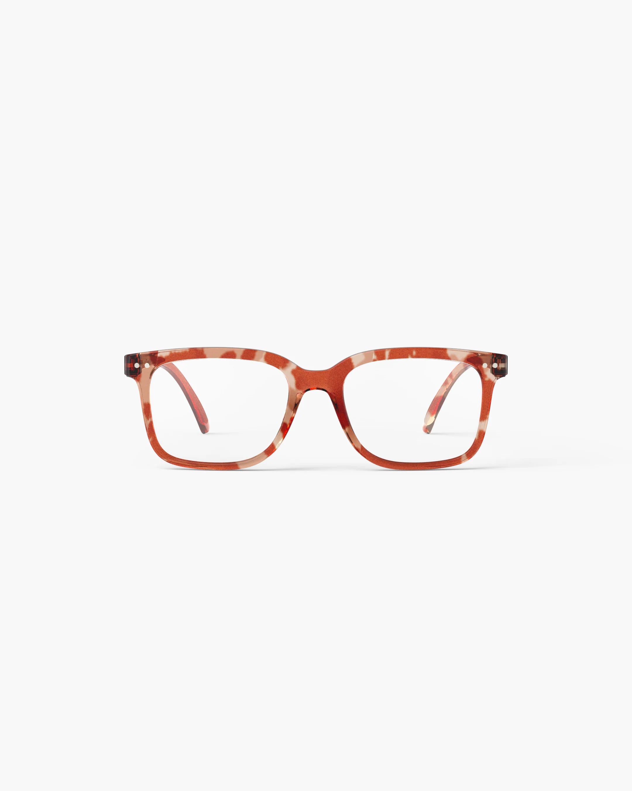Red and brown striped eyeglasses on a white background